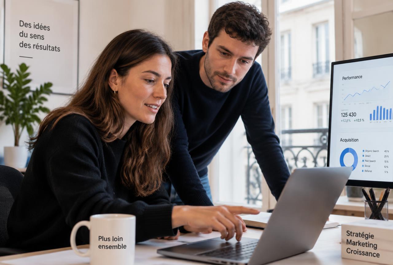 Deux consultants SEO analysent ensemble les données d'acquisition d'un site sur un ordinateur portable