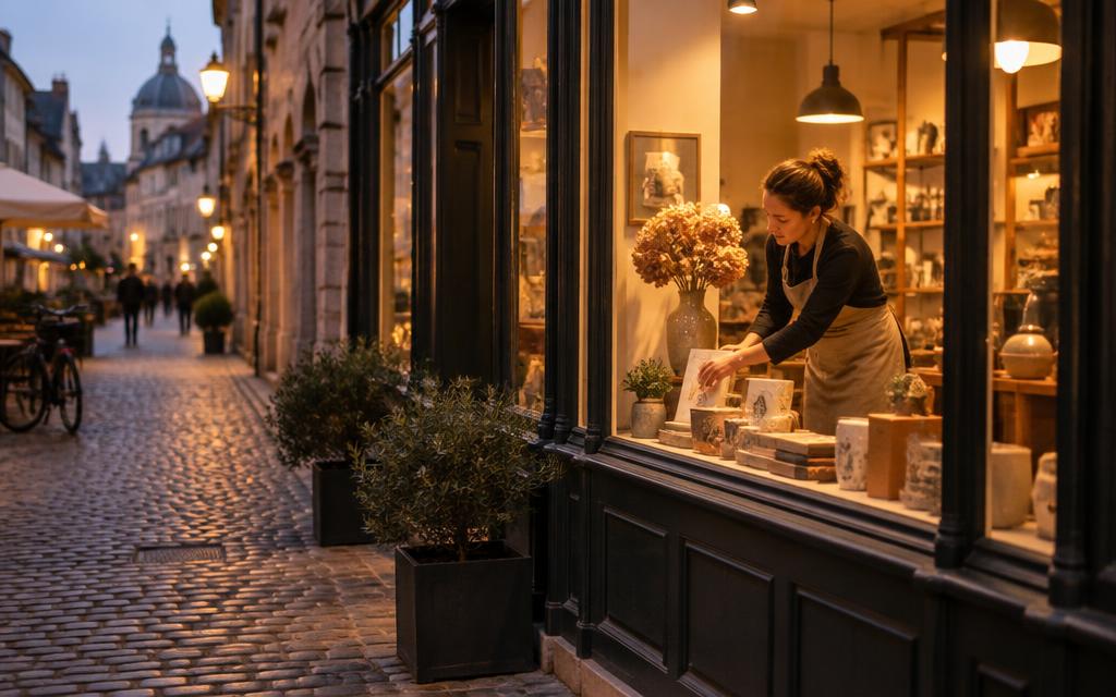 Commerçante installant sa vitrine dans une rue pavée de centre ville en fin de journée
