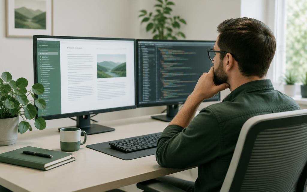 Développeur consultant une documentation produit sur deux écrans dans un bureau clair