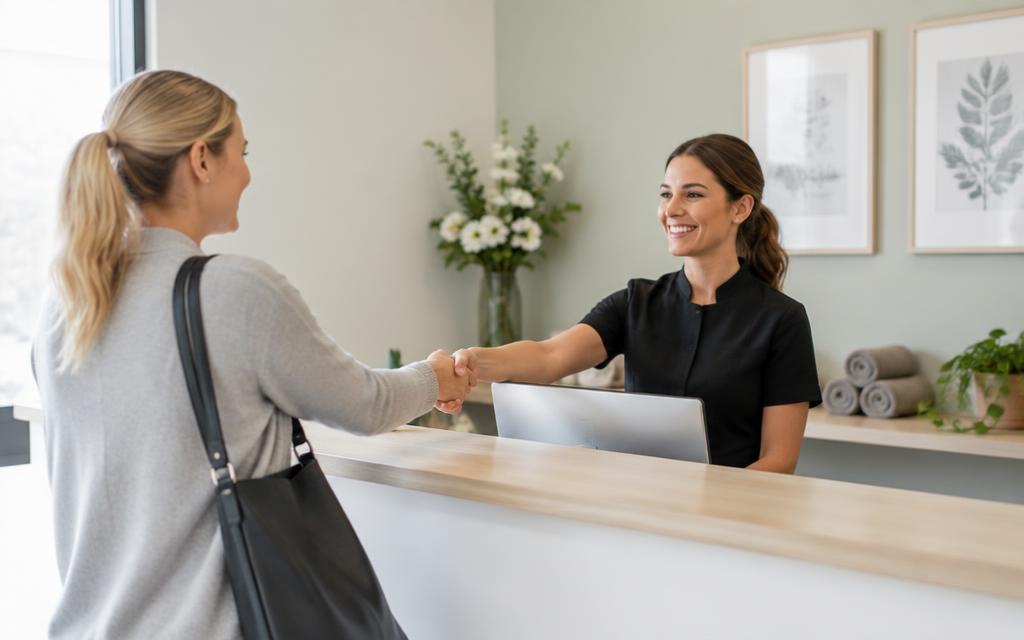 Professionnelle accueillant une cliente au comptoir d'un espace d'accueil clair