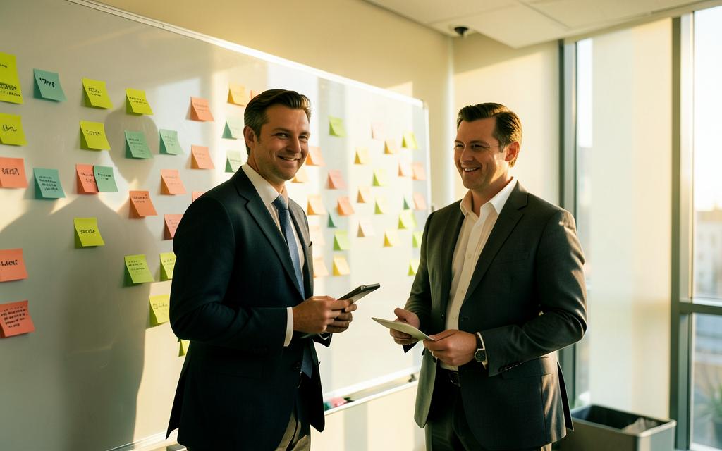 Deux consultants échangent devant un tableau couvert de notes dans un bureau lumineux